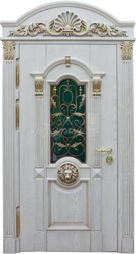 Входная дверь с массивом дуба со стеклом и ковкой №293 в Королеве